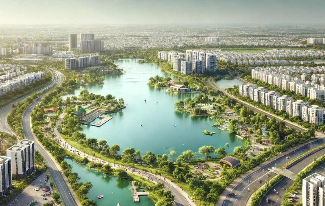 A beautiful image showing Kolathur Lake Development with great residential properties around.