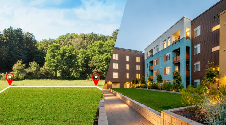 A split image showing a plot of land on one side and a modern apartment complex on the other, representing the housing choices for millennials in Chennai