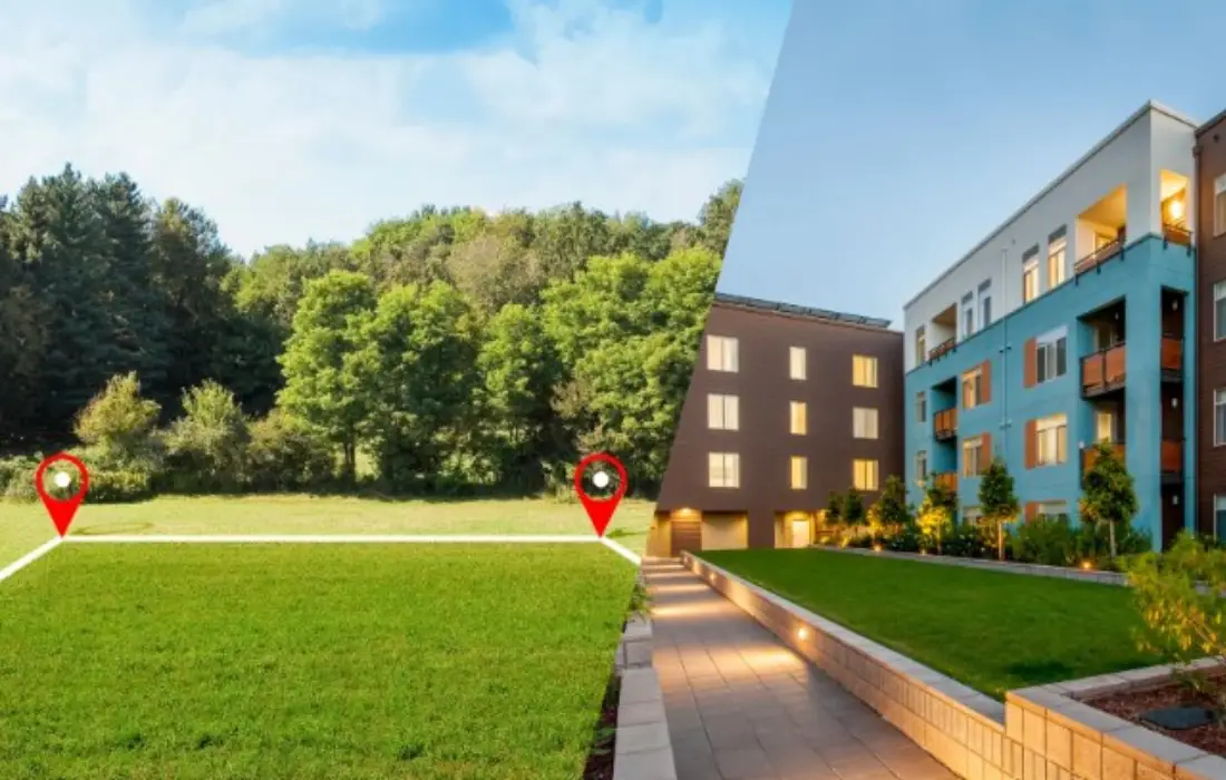 A split image showing a plot of land on one side and a modern apartment complex on the other, representing the housing choices for millennials in Chennai